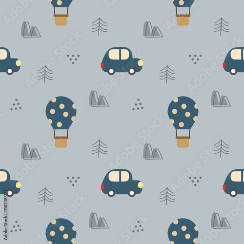 Hot air balloon cartoon so cute. On car mountain tree background. Pattern seamless vector illustration. 
