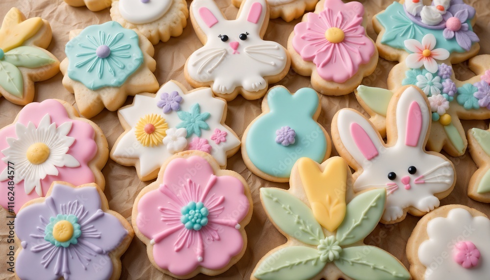 Decorated Easter cookies shaped like flowers and bunnies arranged on parchment paper Decorated Easter cookies shaped like flowers and bunnies arranged on parchment paper
