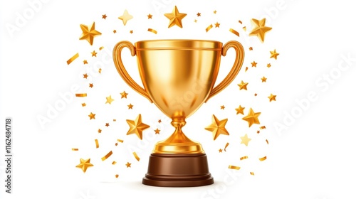 3d golden trophy cup and stars, confetti around in cartoon style. concept of victories or reward for achieving goals. realistic illustration isolated on white background. 3d rendering