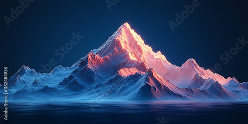 Majestic mountain peak illuminated by soft light, surrounded by serene water. stunning contrast of colors creates tranquil atmosphere, perfect for nature lovers photo