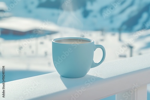 steaming coffee cup resting on snowy railing vibrant reflections of mountains in glossy surface