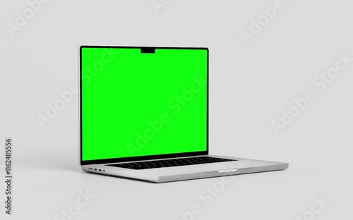  Laptop with blank green screen isolated on white background. Macbook blank green screen mockup. 60fps 4k UHD video	