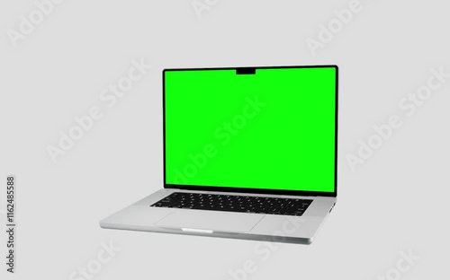  Laptop with blank green screen isolated on white background. Macbook blank green screen mockup. 60fps 4k UHD video	