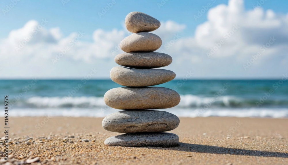 Stack of smooth stones balanced on a sandy beach with the ocean and a cloudy sky in the background Stack of smooth stones balanced on a sandy beach with the ocean and a cloudy sky in the background