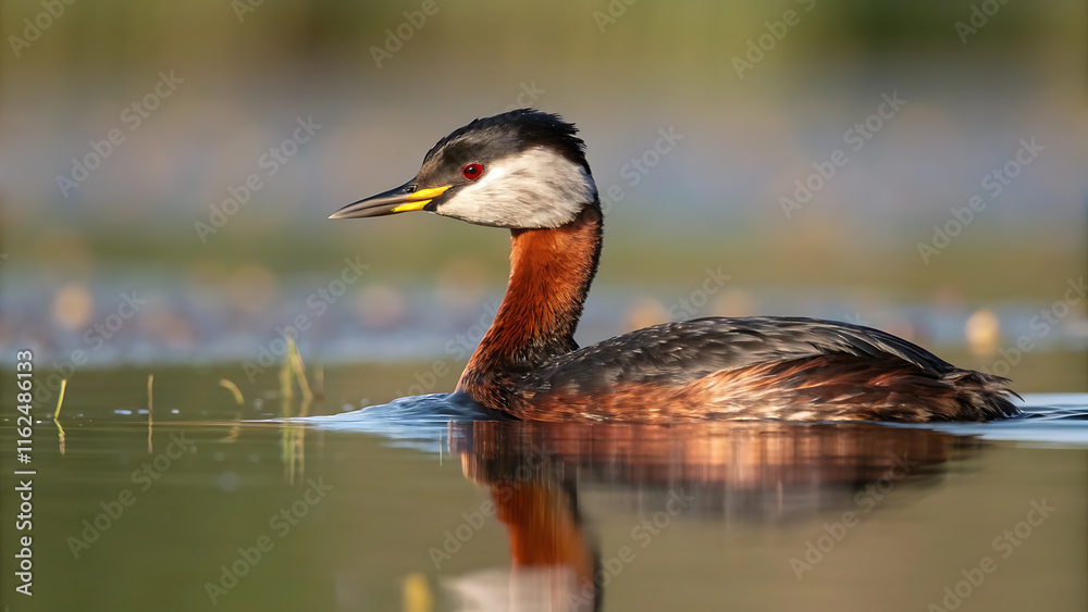 Red-necked grebe in tranquil waters at sunset. Red-necked grebe in tranquil waters at sunset.
