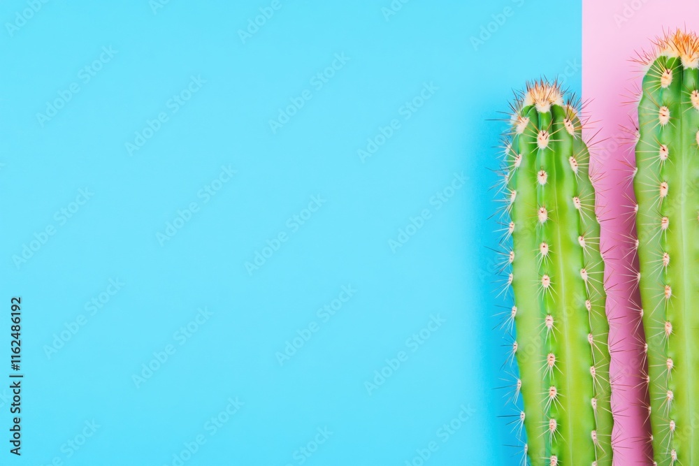Naklejka premium Bright Cactus on Vibrant Blue and Pink Background for Modern Home Decor