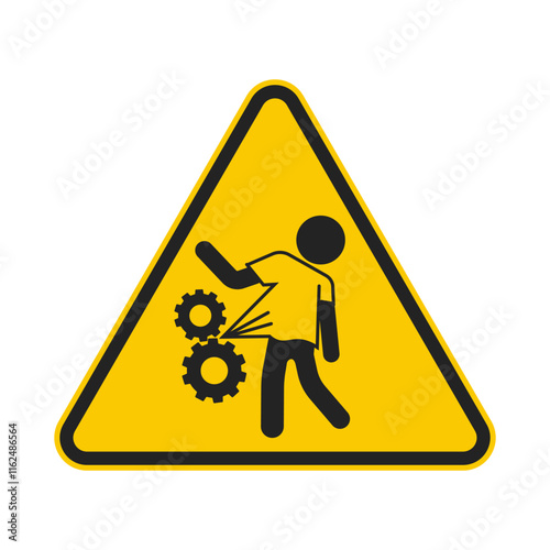 Warning: Risk of shirt entanglement in gears, industrial cogwheel safety machinary sign, danger injury icon  