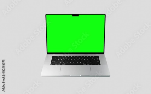  Laptop with blank green screen isolated on white background. Macbook blank green screen mockup. 60fps 4k UHD video	