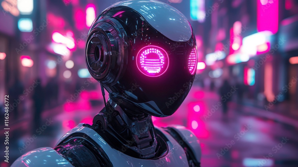 Sleek Humanoid Robot in Futuristic Urban Skyline with Floating Holograms, Vibrant Neon Colors, and Intricate Mechanical Design Sleek Humanoid Robot in Futuristic Urban Skyline with Floating Holograms, Vibrant Neon Colors, and Intricate Mechanical Design
