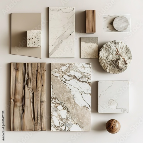 A flat lay of interior design material samples including marble, wood, and stone in neutral and earthy tones, minimalist photography, trending on Pinterest