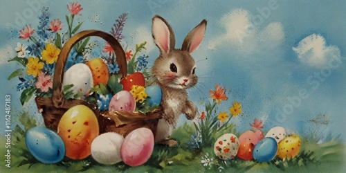 a picture of Easter a little bunny and a basket full of colorful eggs