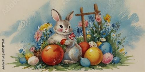 a little bunny and a basket full of colorful eggs, There are flowers all around