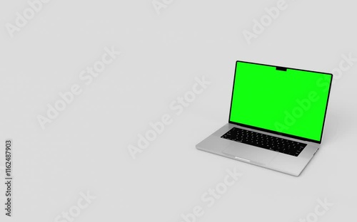 Laptop with blank green screen isolated on white background. Macbook blank green screen mockup. 60fps 4k UHD video	