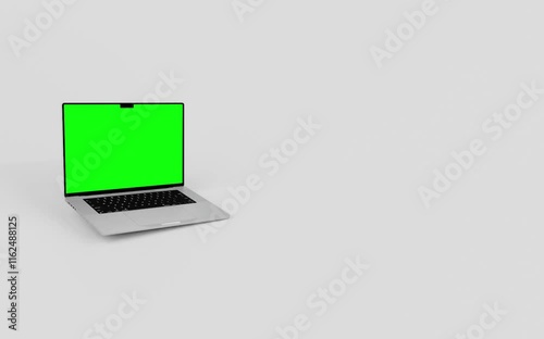  Laptop with blank green screen isolated on white background. Macbook blank green screen mockup. 60fps 4k UHD video	