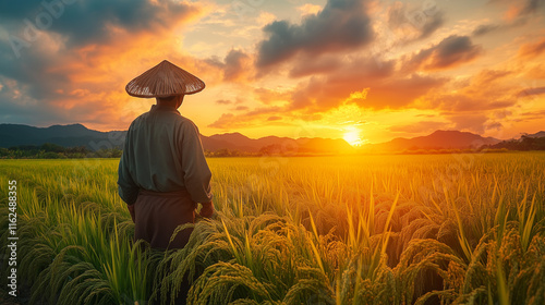 A farmer stands in lush rice fields, wearing a straw hat, as the sun sets behind distant mountains, casting warm golden light across the landscape. The beauty of nature captivates his attention. photo