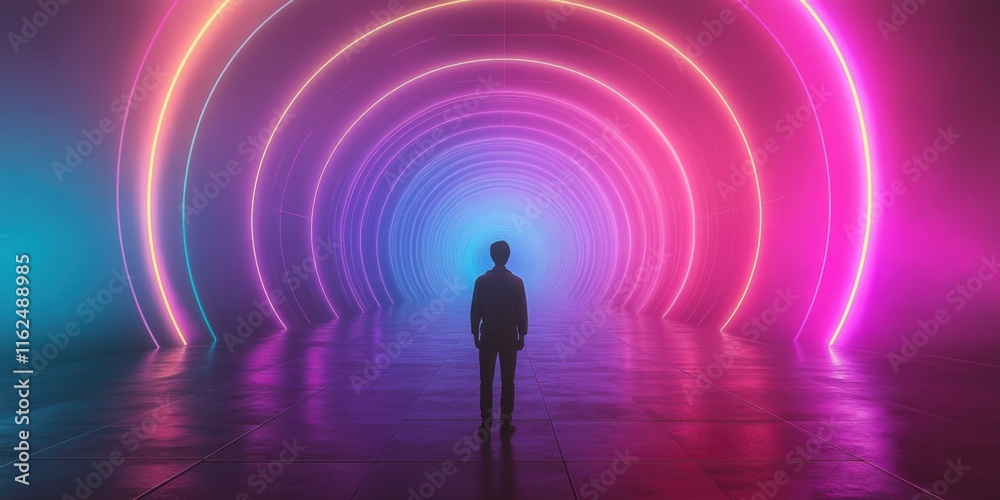 Geometric concentric circles in soft, glowing neon colors, gently fading into a serene, infinite space with high-tech elegance Geometric concentric circles in soft, glowing neon colors, gently fading into a serene, infinite space with high-tech elegance