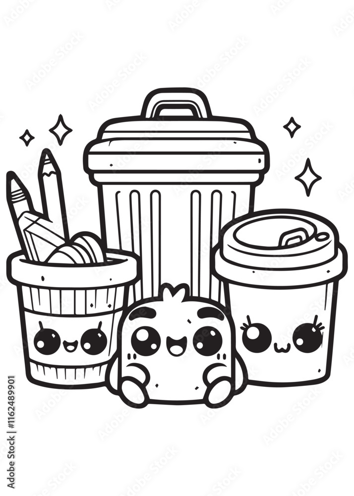 Coloring book cute trash garbage kind Coloring book cute trash garbage kind