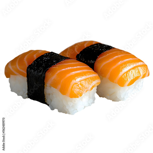 Three pieces of salmon nigiri sushi with nori seaweed on top of white rice.