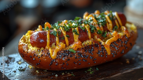 A Tantalizing Presentation of a Creative Bagel Dog Featuring Savory Hot Dog with Unique Toppings and Sauces photo