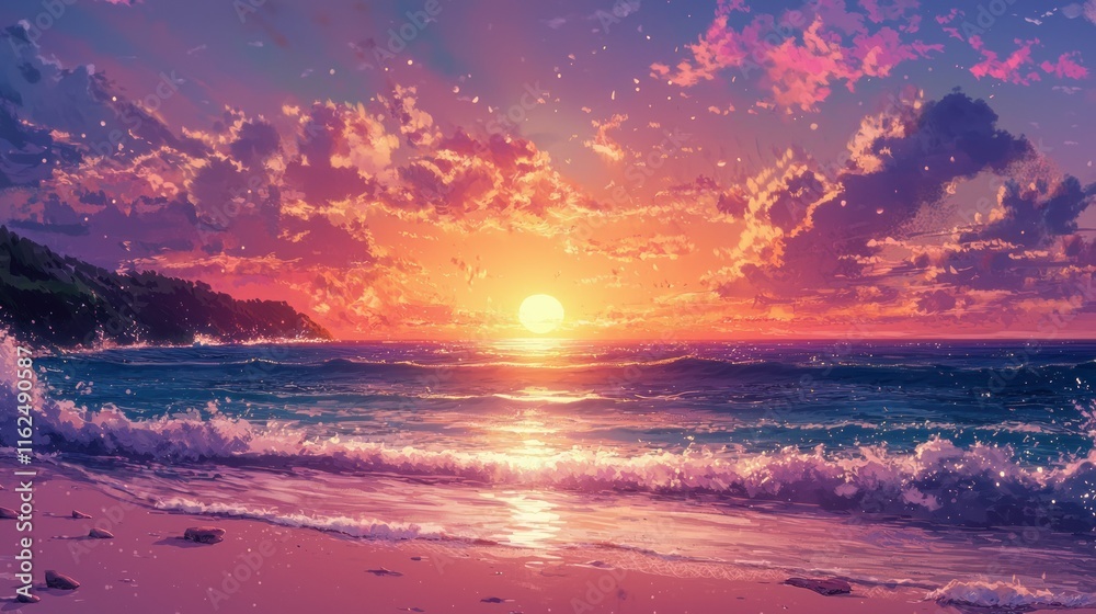 Serene Sunset Over Ocean Waves Gently Rolling Ashore Serene Sunset Over Ocean Waves Gently Rolling Ashore