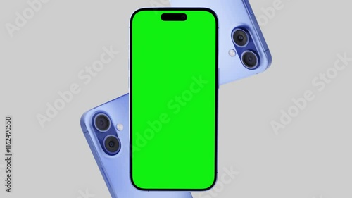 Smartphone with a blank green screen on a white background. Mobile mockup video on a green background.