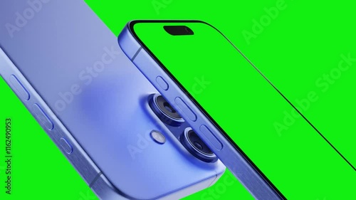 Smartphone with a blank green screen on a white background. Mobile mockup video on a green background.