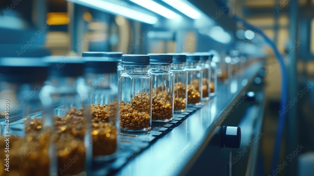 Automated Pharmaceutical Production Line Filling Vials with Blue Liquid Automated Pharmaceutical Production Line Filling Vials with Blue Liquid