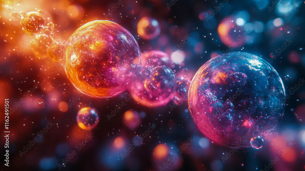 Abstract image showcasing glowing virus-like particles in vivid orange, pink, and blue hues, suspended in a dynamic cosmic atmosphere