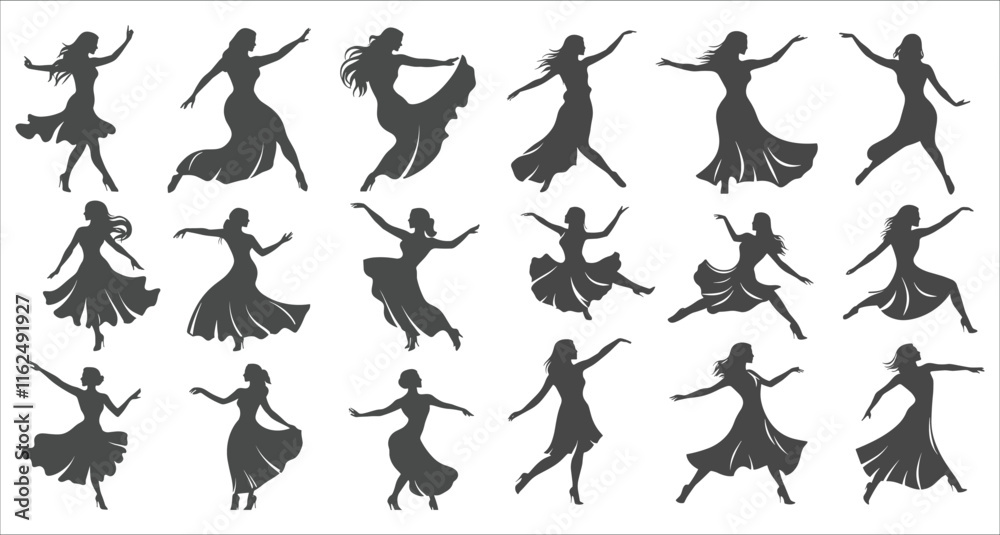 Fototapeta premium Dancing Women silhouettes, Vector silhouettes of girls dancing in different positions, Woman dancing silhouette vector illustration, Vector silhouette of a woman dancing 