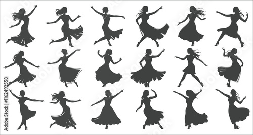 Silhouettes of woman dancing celebration, Silhouettes of female ballet dancers, Beautiful women dancing in silhouettes vector, Black and white silhouettes of women dancing, Female Dancers Silhouettes