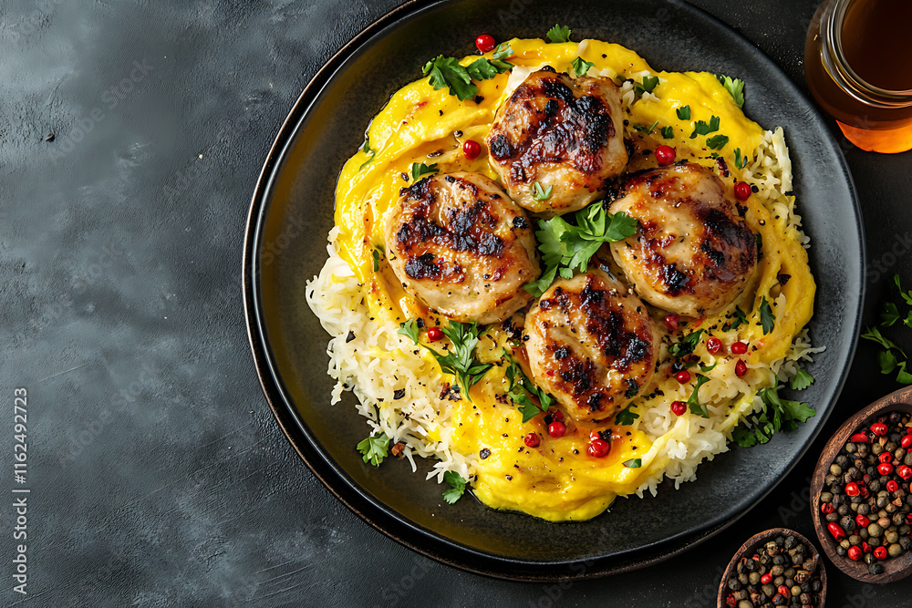 Grilled Chicken Meatballs with Mango Sauce and Rice Grilled Chicken Meatballs with Mango Sauce and Rice