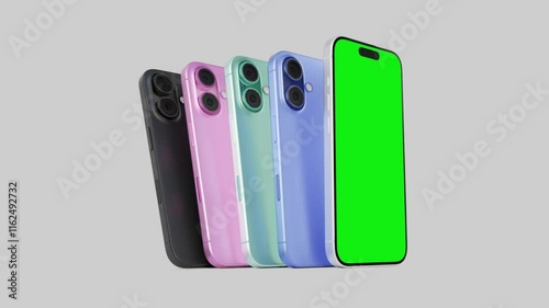 Smartphone with a blank green screen on a white background. Mobile mockup video on a green background.
