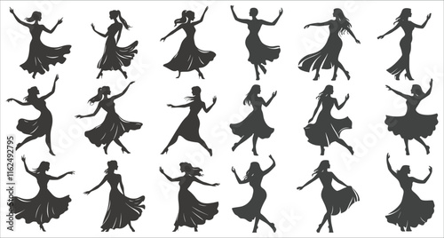 Silhouettes of woman dancing celebration, Silhouettes of female ballet dancers, Beautiful women dancing in silhouettes vector, Black and white silhouettes of women dancing, Female Dancers Silhouettes