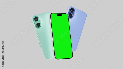 Smartphone with a blank green screen on a white background. Mobile mockup video on a green background.