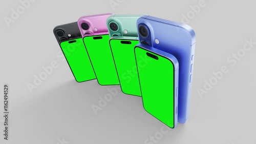Smartphone with a blank green screen on a white background. Mobile mockup video on a green background.