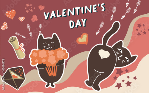 Collage, banner, background, valentine's day, love, love story, kitties, cats in love, animals, hand drawn vector.