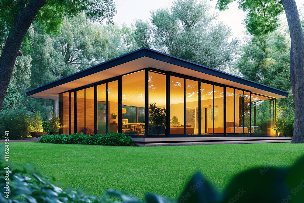 Contemporary house with floor-to-ceiling glass walls surrounded by lush green trees, embodying modern eco-friendly architecture.