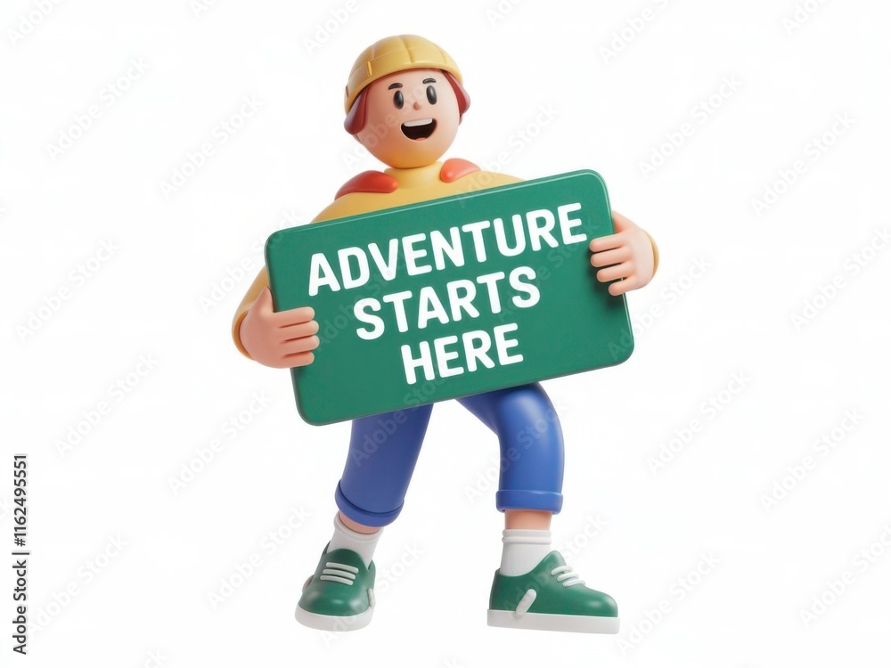 3D Character Holding 'Adventure Starts Here' Sign to Inspire Exploration, Clean White Background 3D Character Holding 'Adventure Starts Here' Sign to Inspire Exploration, Clean White Background
