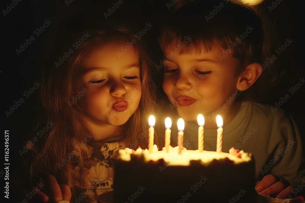 Kids celebrating birthday party and blowing candles on cake Kids celebrating birthday party and blowing candles on cake