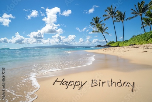 'Happy Birthday' written in the sand on Sunset Beach in Hawaii with palm trees and the ocean in the background