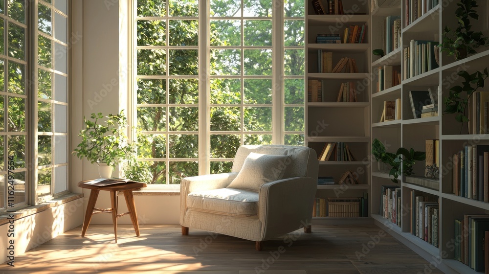 Sunlit Reading Nook With Comfortable Armchair And Bookshelves