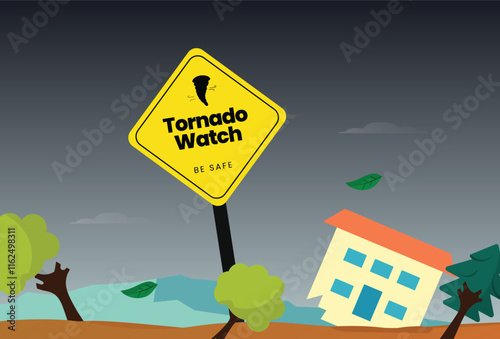 Tornado watch signage. Tornado sign awareness banner with broken trees, broken house, wind, and dark cloud background. Vector illustration of damage done by Tornado. Columbia, San Francisco, Forest