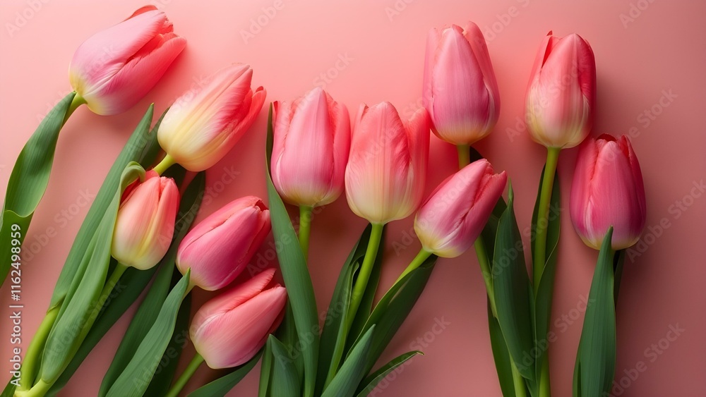 A group of pink tulips with green stems lies on a matching pink background, March 8 Women's Day Concept A group of pink tulips with green stems lies on a matching pink background, March 8 Women's Day Concept