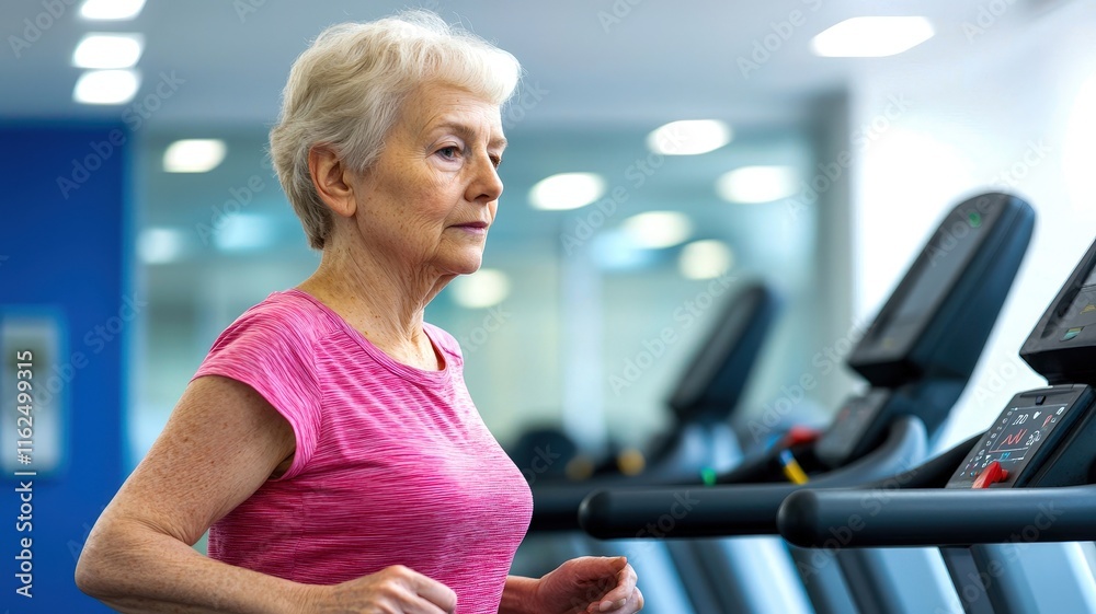 A senior woman exercises on a treadmill in a modern gym, emphasizing fitness and healthy aging. A senior woman exercises on a treadmill in a modern gym, emphasizing fitness and healthy aging.
