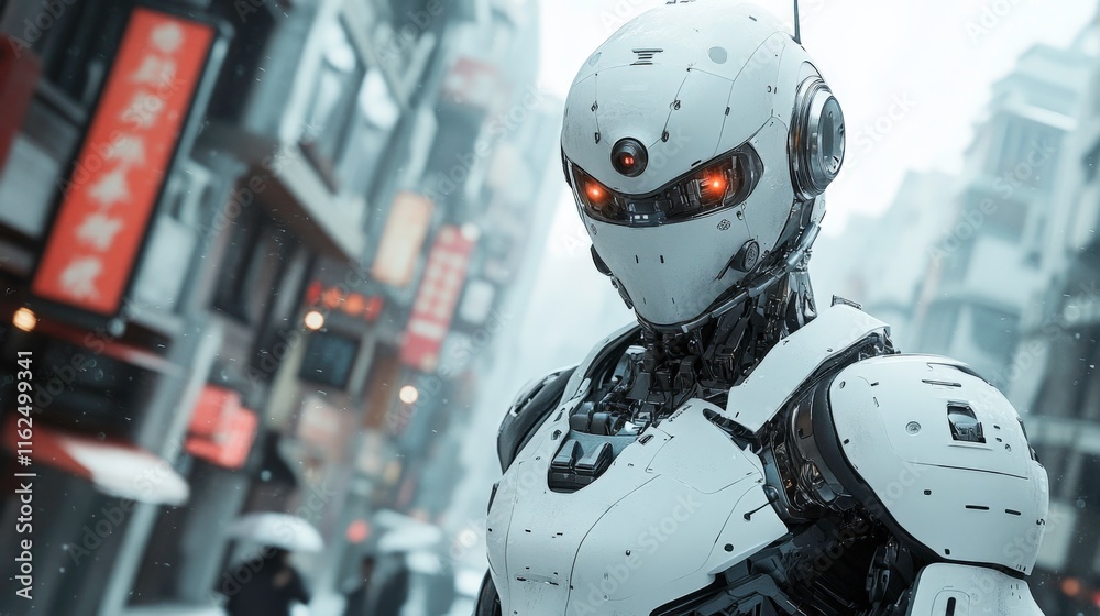 Sleek Humanoid Robot in Futuristic Urban Skyline with Floating Holograms, Vibrant Neon Colors, and Intricate Mechanical Design Sleek Humanoid Robot in Futuristic Urban Skyline with Floating Holograms, Vibrant Neon Colors, and Intricate Mechanical Design