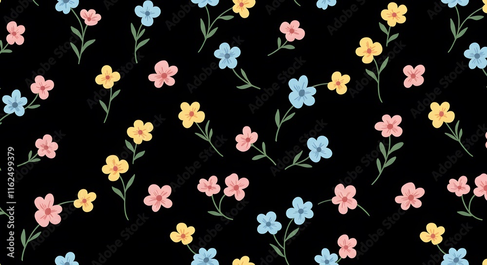 Cute small flower seamless pattern on black background. Design for fashion , fabric, textile, wallpaper , wrapping and all prints Cute small flower seamless pattern on black background. Design for fashion , fabric, textile, wallpaper , wrapping and all prints