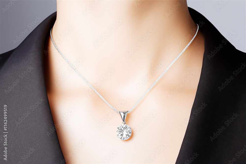 A woman wearing a silver necklace with a diamond pendant, showcasing elegance, luxury, and beauty. The focus is on the jewelry piece against a dark background.