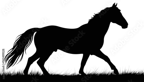 Silhouette of a horse walking on grassy background