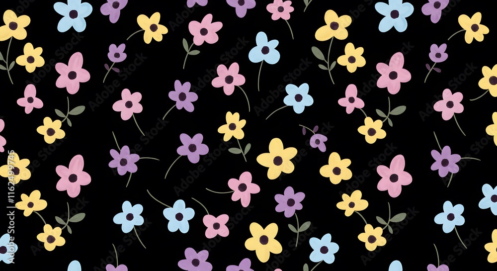 Cute small flower seamless pattern on black background. Design for fashion , fabric, textile, wallpaper , wrapping and all prints Cute small flower seamless pattern on black background. Design for fashion , fabric, textile, wallpaper , wrapping and all prints