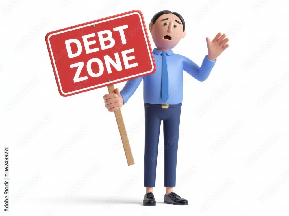 3D Character Holding 'Debt Zone' Sign to Raise Awareness About Financial Issues, Clean White Background 3D Character Holding 'Debt Zone' Sign to Raise Awareness About Financial Issues, Clean White Background